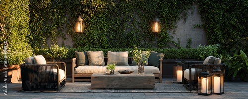 Stylish patio with comfortable outdoor furniture, warm lantern lighting, and private hedge wall decor creating an inviting evening garden atmosphere