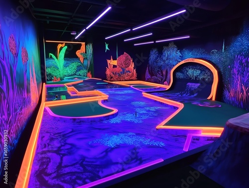 the miniature golf has a vivid color palette, a modern approach, an artistic style, and a unique and stylish aesthetic, which creates a visual and also the dynamic appeal. black light