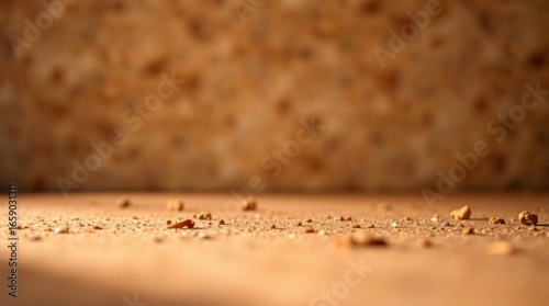 A closeup of a dusty tancolored surface scattered with small pebbles and particles set against a blurred mottled background