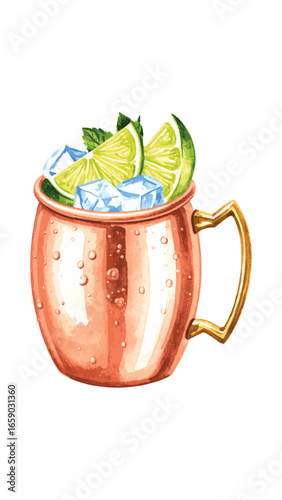 Watercolor Illustration of Moscow Mule Cocktail