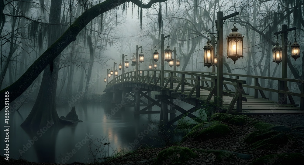 Fototapeta premium A bridge illuminated in the foggy forest with lanterns casting a warm glow at night time