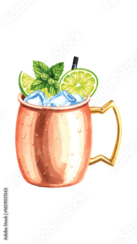Watercolor Illustration of Moscow Mule Cocktail