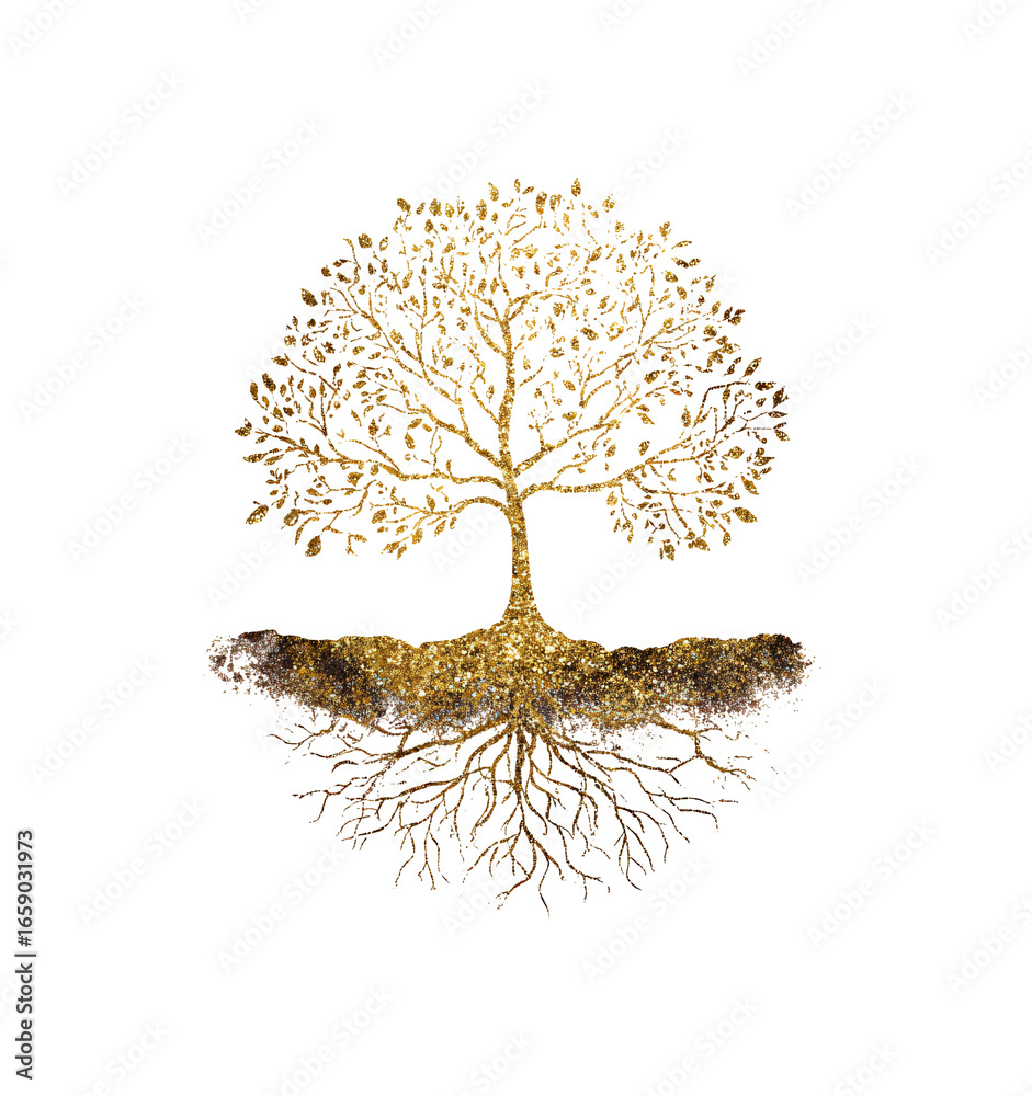 Naklejka premium Stunning golden tree with intricate root system illustration