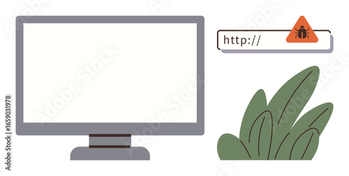 Blank monitor alongside a browser bar with a malware alert triangle, hinting at cybersecurity risks. Ideal for technology, cybersecurity, internet safety, online threats, malware awareness, IT risks