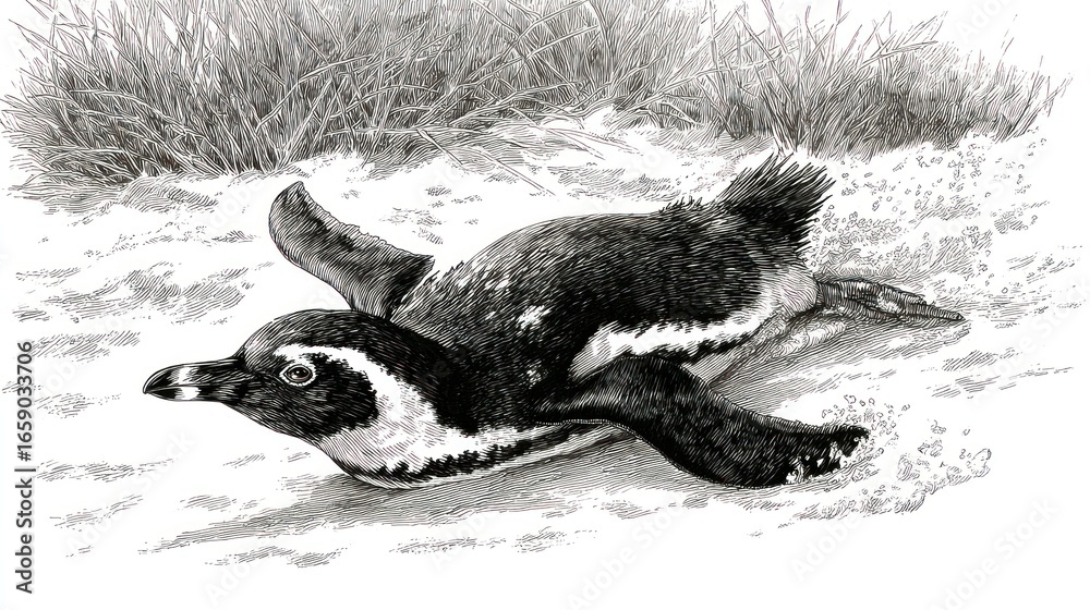 Obraz premium A grayscale illustration of a penguin chick on the beach