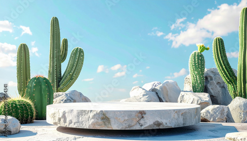 Natural stone product display podium with cactus and blue sky background