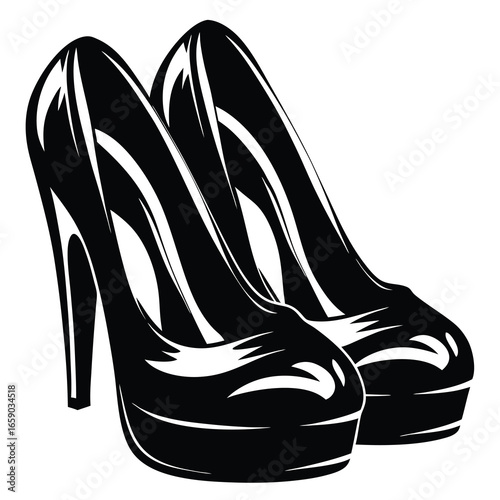 Elegant pair of platform high heel shoes with black and white contrast