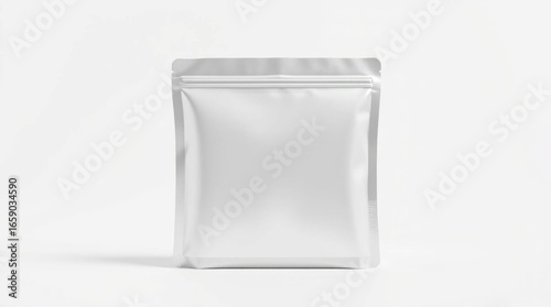 A white squareshaped pouch likely for food or other goods standing upright against a bright white background