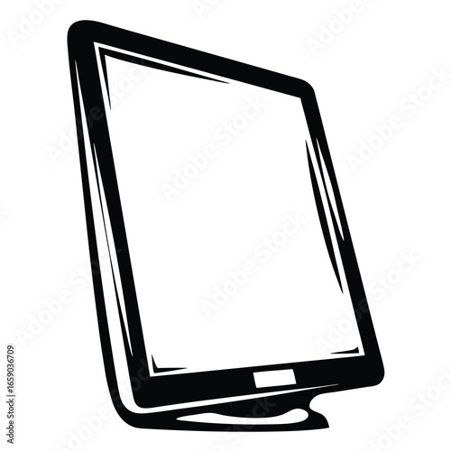 Stylized black and white image of a tablet with simple design features