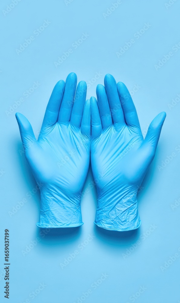 Obraz premium Pair of Gloved Hands Holding a Crystal Clear Ice Cube with a Bright Blue Background
