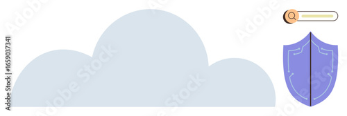 Cloud with search bar and shield representing secure data storage, analysis, and online protection. Ideal for cybersecurity, cloud computing, technology, privacy, software, safety secure