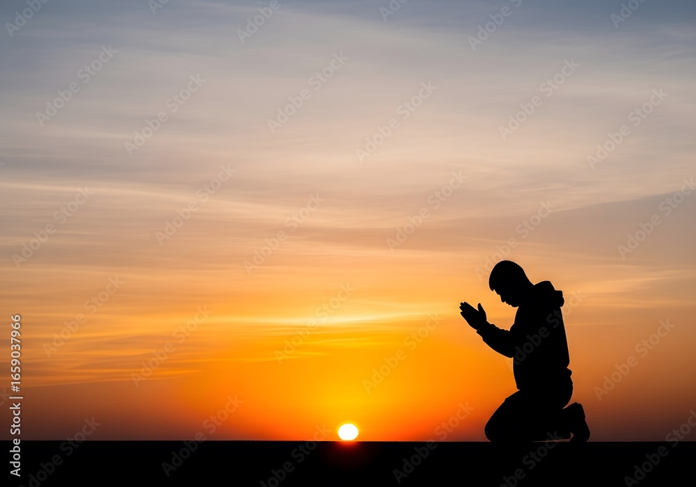 Obraz premium Silhouette of a man kneeling in prayer against a sunset