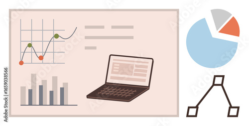 Laptop with bar graph, line graph, pie chart, and flowchart representing data analysis, financial planning, project management, market research, business insights, efficiency tracking