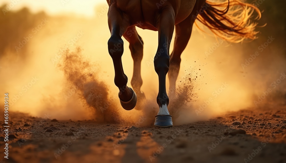 Fototapeta premium Brown horse galloping, kicking up dust with hooves. Sunlight illuminates motion, energy of powerful animal running across dry terrain. Dynamic shot captures wild spirit of horse in full stride.