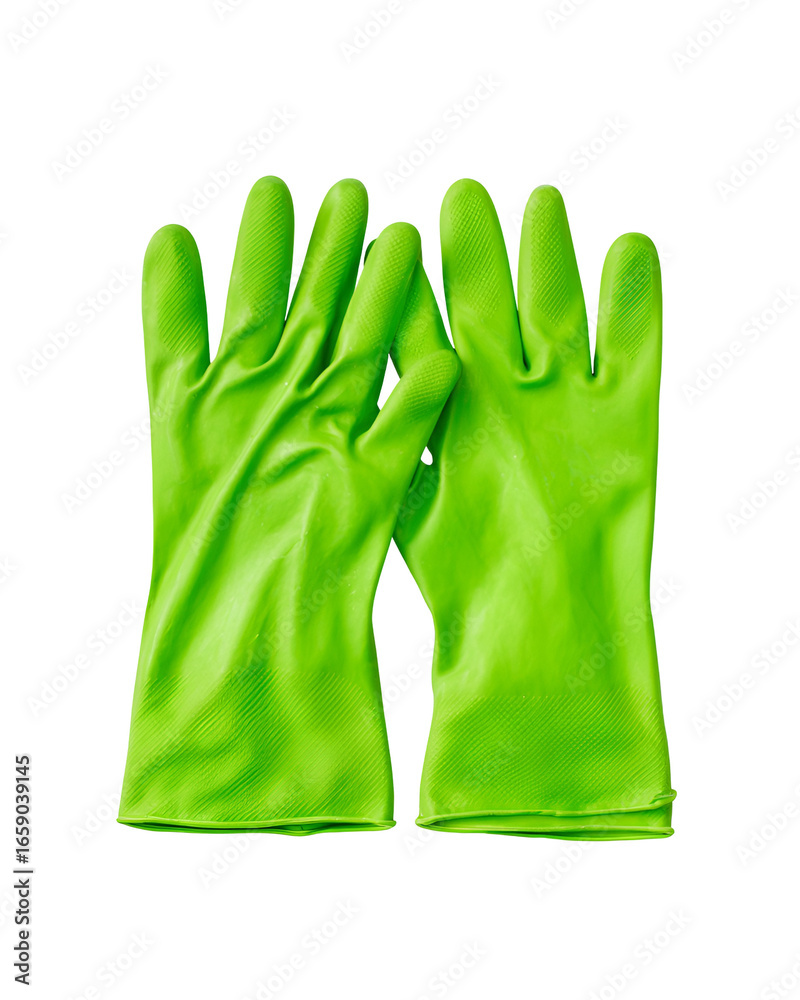 Obraz premium Bright green rubber cleaning gloves on black background