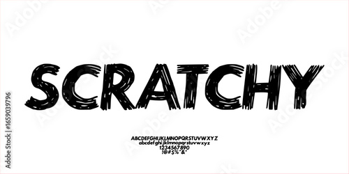 Creative Hand Drawn Font Uppercase Lowercase Number Symbol. Scratchy Bold Typography. Strong Playful Lettering. Decorative Serif Retro Modern Fashion Design Vector Illustration.