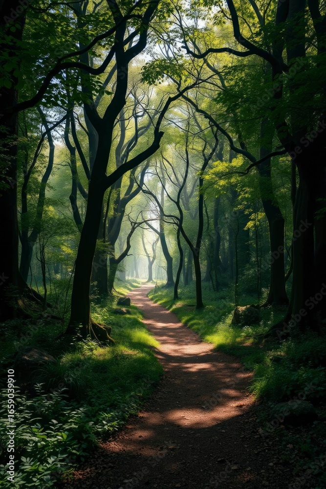 Naklejka premium Forest path stretches into a bright clearing bordered by dense trees with sunlight dappling the ground