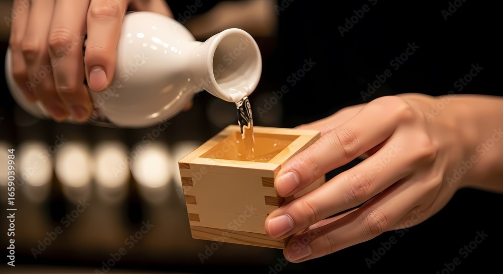 Obraz premium A person pours traditional Japanese sake from a white ceramic tokkuri into a wooden masu cup.