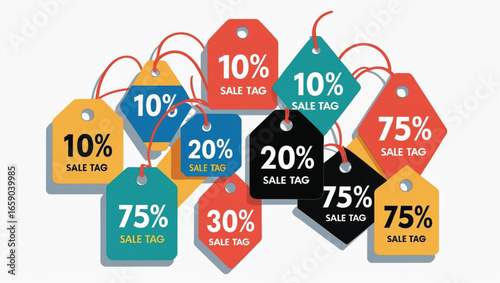 Assorted colorful sale tags with percentage discounts on white background shopping retail