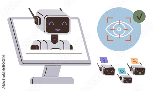 Robot smiling on monitor, eye recognition icon with check mark, small task-assigned robots. Ideal for AI interfaces, automation, machine learning, robotics, technology, vision systems user