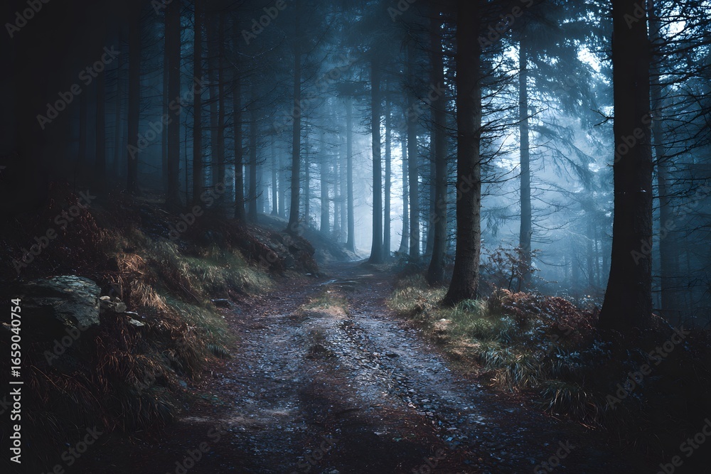 Fototapeta premium Dark forest with misty fog and dim lighting.