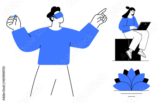 Person engaging with virtual reality gear, individual working on laptop beside abstract lotus motif. Ideal for innovation, technology, work-life balance, productivity, creativity, mindfulness