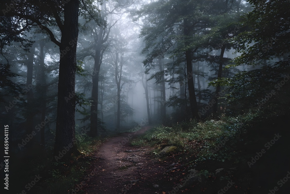 Obraz premium Dark forest path shrouded in fog.