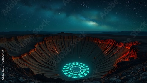 An otherworldly crater illuminated by glowing preservation symbols beneath a meteor shower.