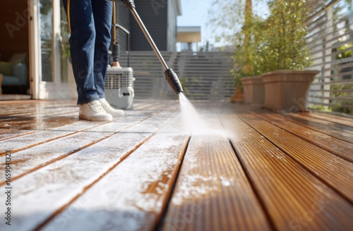 Person cleaning wooden outdoor deck with a mop and bucket on a sunny day, emphasizing maintenance and care of outdoor spaces