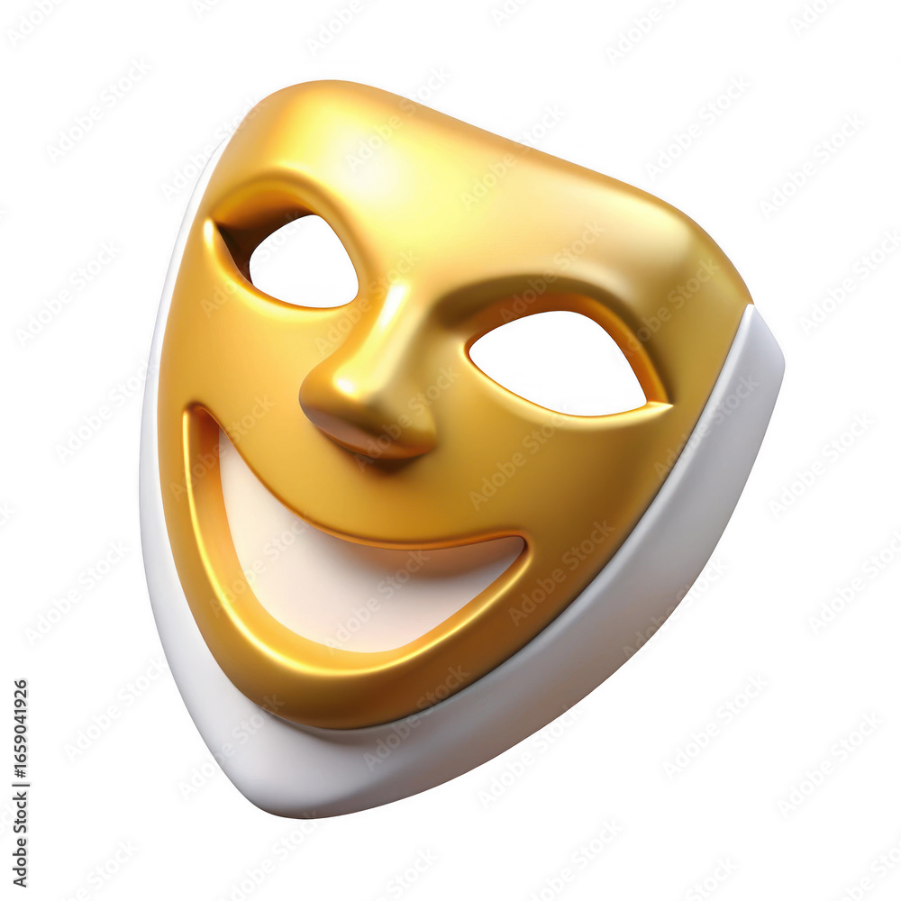 Golden theatrical mask with a wide smiling mouth and empty eye sockets isolated on transparent background Golden theatrical mask with a wide smiling mouth and empty eye sockets isolated on transparent background