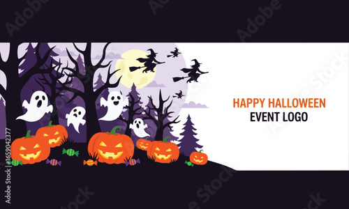 Illustration Of Halloween Forest With Pumpkins, Ghosts, And Flying Bats Suitable For Party Banners And Event Invitations