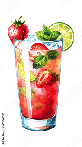 Watercolor Illustration of Strawberry Mojito Cocktail