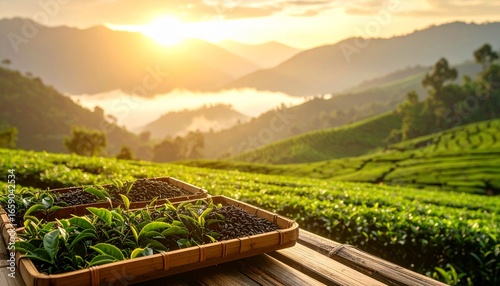 Golden sunrise over a lush green tea plantation in the serene mountains
