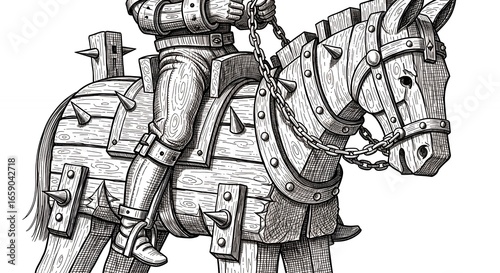 Wooden Armored Horse with Medieval Knight Wearing Spiked Armor in Hand Drawn Style