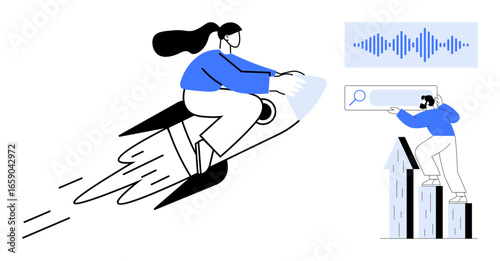 Woman on rocket symbolizing innovation and speed, man analyzing trends with magnifying glass and sound waves. Ideal for research, growth, exploration, innovation, strategy, progress, technology
