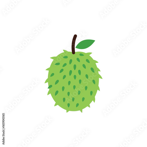 Cute Vector Illustration of a Soursop Fruit with Spiky Green Skin and a Single Leaf