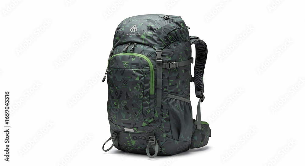 Naklejka premium 深緑迷彩柄 丈夫な登山リュック 快適な背負い心地. AI Generated