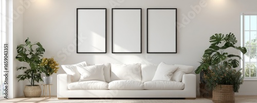 Wallpaper Mural Modern minimalist living room with white sofa, decorative pillows, and large potted plants on either side, featuring three abstract framed artworks on a light grey wall Torontodigital.ca