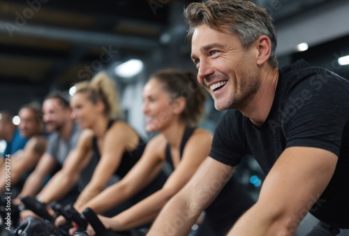 Group of smiling people participating in a fitness class using stationary bikes in a modern gym environment