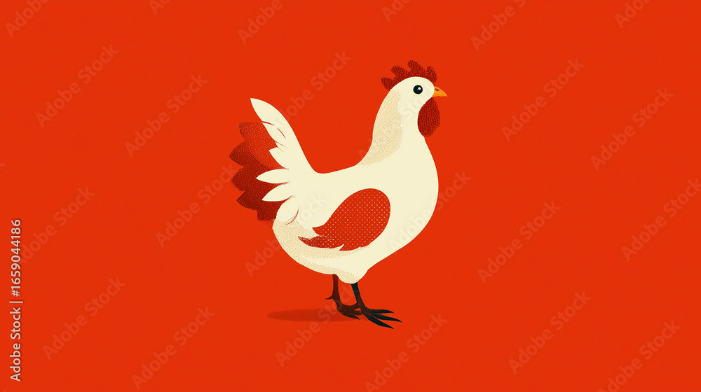 Fototapeta premium White hen standing on red background: minimalist illustration