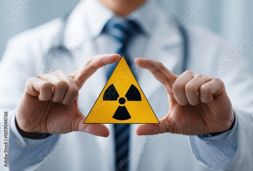 Person in formal attire holding a yellow and black radioactive warning sign with both hands, close-up shot emphasizing safety and hazard awareness