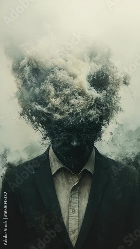 A man in a suit and tie with smoke coming out of his head