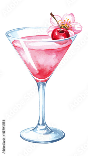 Delicate Watercolor Cherry Blossom Cocktail Illustration 