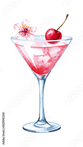Delicate Watercolor Cherry Blossom Cocktail Illustration 