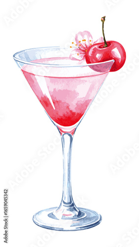 Delicate Watercolor Cherry Blossom Cocktail Illustration 