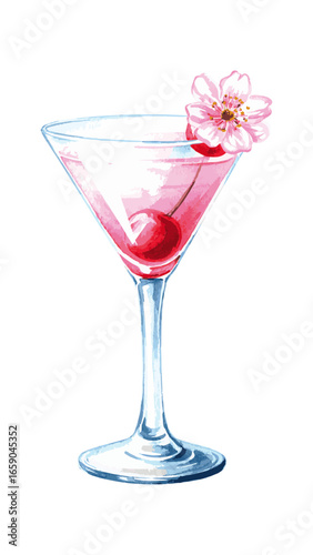 Delicate Watercolor Cherry Blossom Cocktail Illustration 