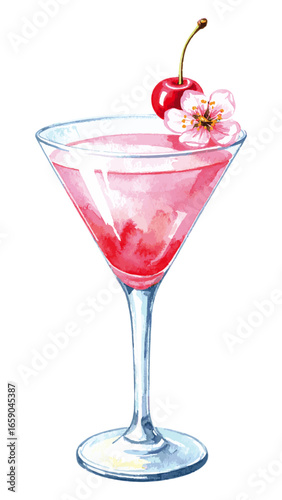 Delicate Watercolor Cherry Blossom Cocktail Illustration 