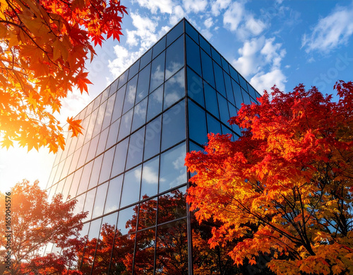 City glass building reflecting red autumn trees