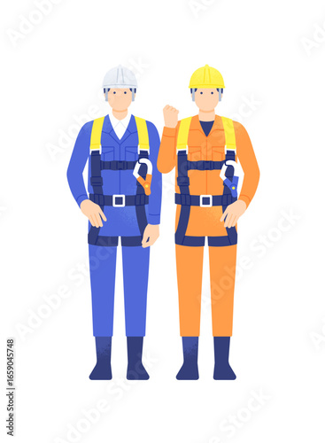 高所作業の安全対策をアピール 墜落制止用器具（フルハーネス）を着用した現場監督と作業員のイラスト