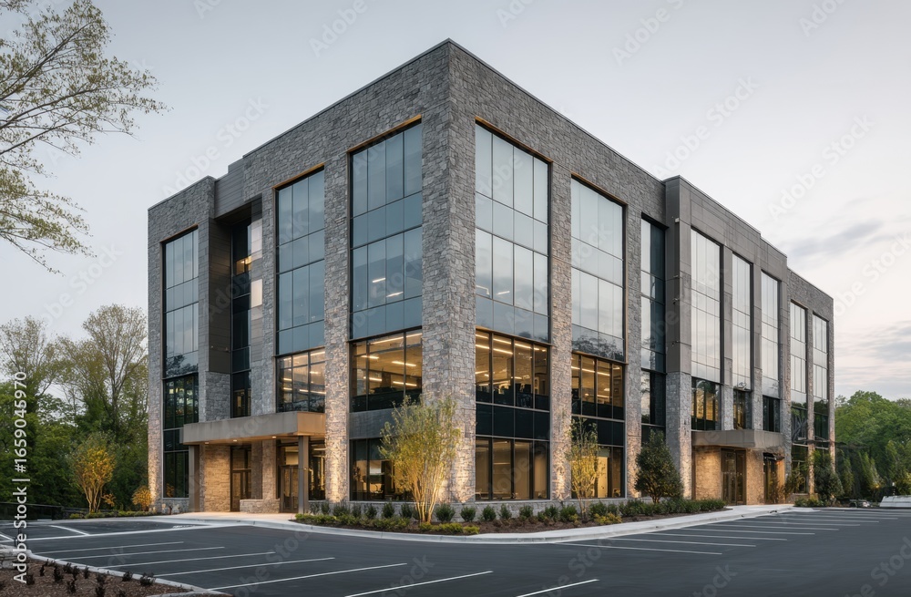 Obraz premium Modern multi-story commercial building with large glass and sleek architectural design in an urban setting